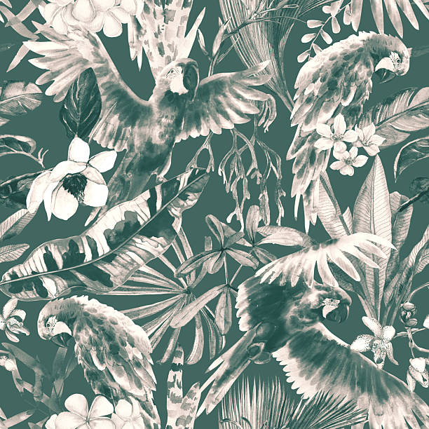 Tropical Watercolor Seamless Pattern with Parrots, and Palm Leaves, Exotic Flowers and Foliage. Vintage Botanical Print for Wallpaper, Clothes in monochrome tones