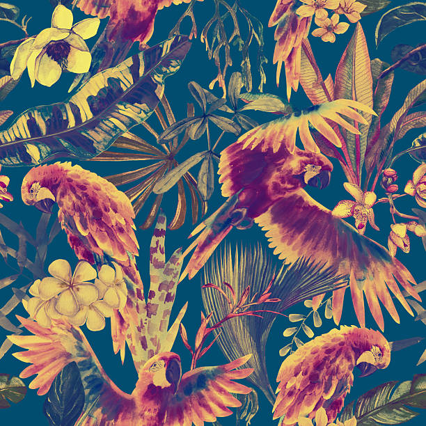 Tropical Watercolor Seamless Pattern with Vibrant Parrots, Yellow and Palm Leaves, Exotic Flowers and Colorful Foliage. Vintage Botanical Print for Wallpaper, Clothes
