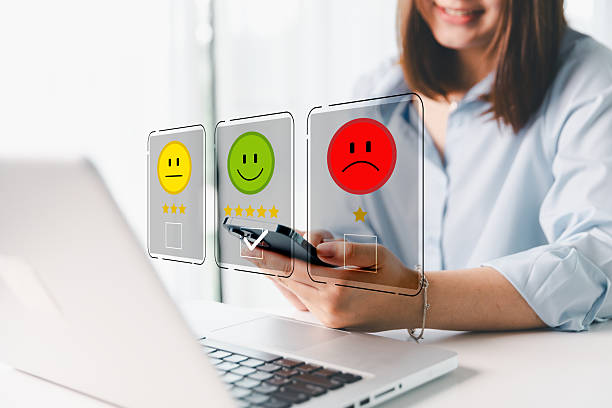 istock Customer service evaluation concept. Client feedback from marketing survey excellent service and quality satisfaction, customers can evaluate quality of service leading to business reputation rating. 2219576265