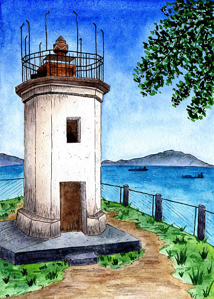 istock Watercolor postcard Stryi lighthouse on a background of mountains and a bay with ships. Summer sea landscape. Colorful juicy sketch of nature. Azure lagoon. Drawn by hand. 2219577055
