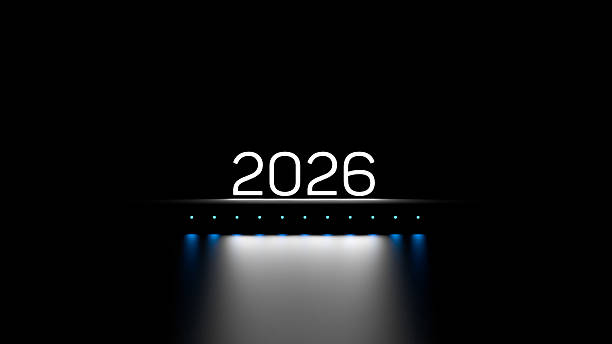 istock 2026 numeral,number neon lettering with reflection. Two thousand twenty sixth year luminous abstract wallpaper.3D render 2219581950