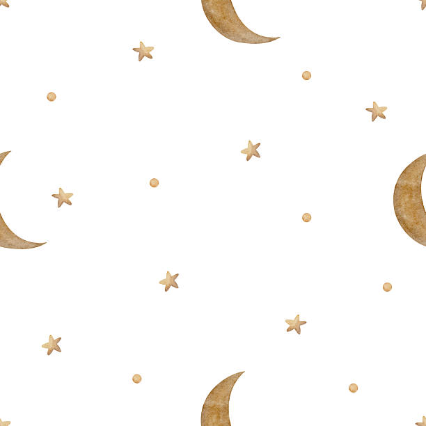 istock Pattern watercolor illustration vintage beige moon stars with brown dots. Hand drawn in children's style. Seamless print on white background for textile design, fabric, packaging clothes, postcard 2219587384