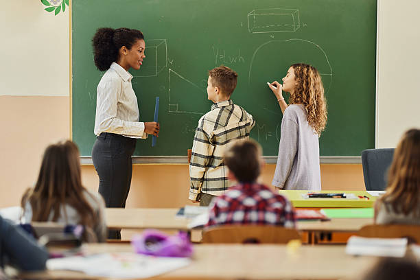 istock African American teacher explaining geometry to schoolkids during a class at elementary school. 2219587595