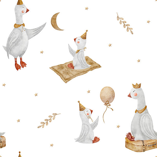 Pattern watercolor illustration geese family, baby catches the stars moon. Goose drawn in vintage style. Seamless print on a white background for textile design, fabric, clothing packaging, printing