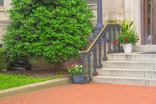A charming entrance with stone stairs, black iron railings, and vibrant potted plants on a red brick walkway.