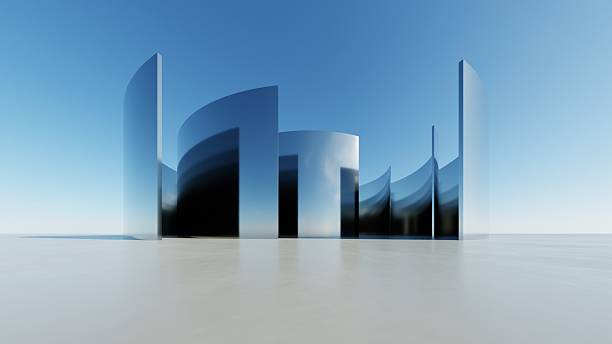 istock 3d illustration of abstract wavy architecture background, Minimal curved geometry architectural design, Car presentation backdrop with empty concrete floor, Flowing geometric metal building design 2219596459