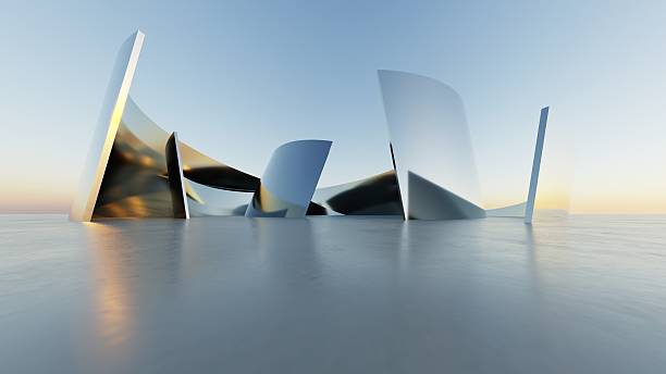 istock 3d illustration of abstract wavy architecture background, Minimal curved geometry architectural design, Car presentation backdrop with empty concrete floor, Flowing geometric metal building design 2219596462