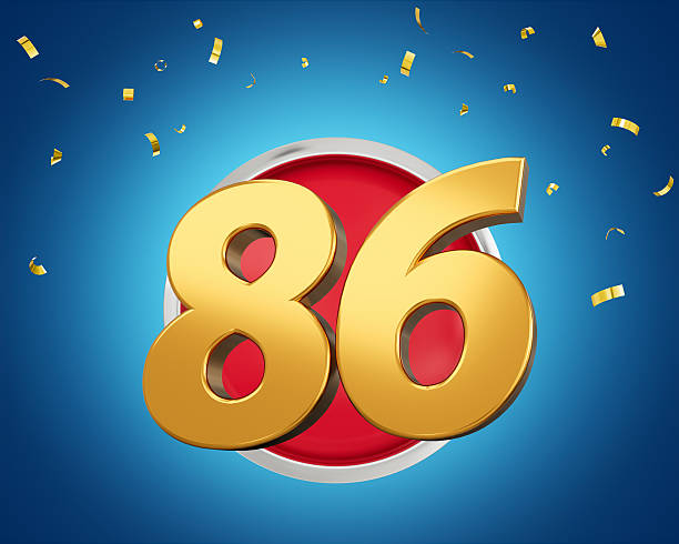 istock Gold Number 86 Gold Number Eighty Six On Rounded Red Icon with Particles, 3d illustration 2219596759