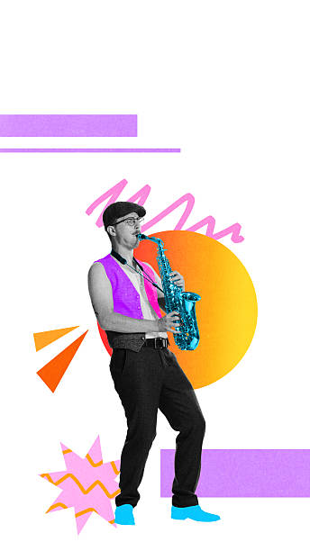 istock Man in purple vest playing blue saxophone with sunset backdrop and expressive graphic doodles against beige background. Conceptual art design 2219601016