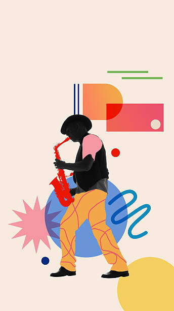 istock Silhouetted man playing red saxophone with hat surrounded abstract geometric shapes as music rhythm, against beige background. Conceptual art design 2219601017