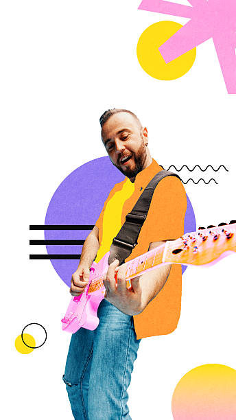 istock Man playing pink electric guitar with energetic pose and vibrant abstract background. Bold composite collage. Poster 2219601021