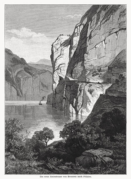 kuvapankkikuvitukset aiheesta axenstrasse brunnenista flüeleniin, urijärvi, sveitsi, puupiirros, 1876 - uri