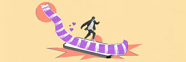 istock Man running and jumping down endless social media feed unrolling from smartphone against yellow background. Conceptual art collage. Banner 2219602946