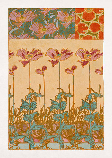 This lithograph titled Oriental Poppies by Alphonse Mucha is a stunning example of Art Nouveau botanical design, created in the late 19th century.