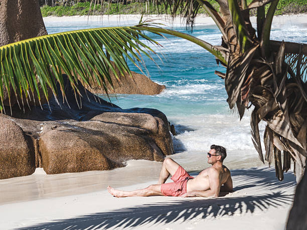 istock Handsome man and stunning white sand beach 2219605583
