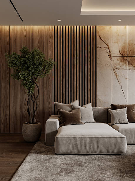 istock Contemporary interior with sofa, brown wood wall panels, potted tree. 3d render illustration mockup. 2219606196