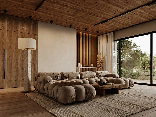 istock Contemporary loft interior with sofa, wall wood panels, blank wall, floor lamp, console, wood ceiling, carpet and decor. 3d render illustration mockup. 2219606241