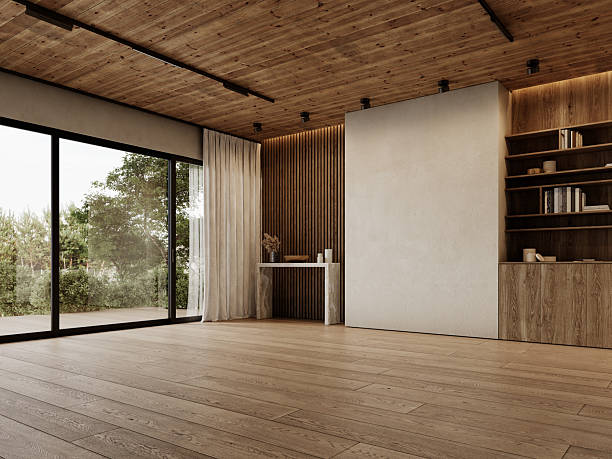 istock Contemporary loft empty interior with wooden ceiling, console, wood panels and decor. 3d render illustration mockup. 2219606276