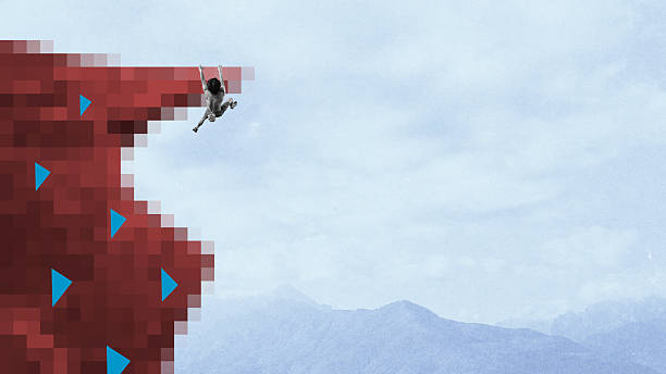 Man climbs red pixelated cliff wall with blue triangle holds above mountains, symbolizing personal growth. Abstract graphic design. Concept of sport, ambition, risk, performance, motivation, goals