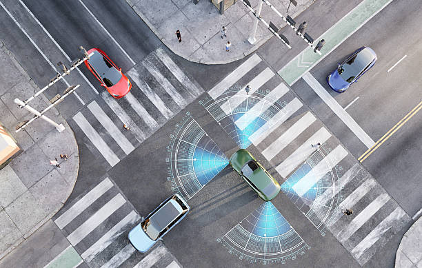 istock 3d top view Illustration of smart vehicle approaching an intersection 2219608791