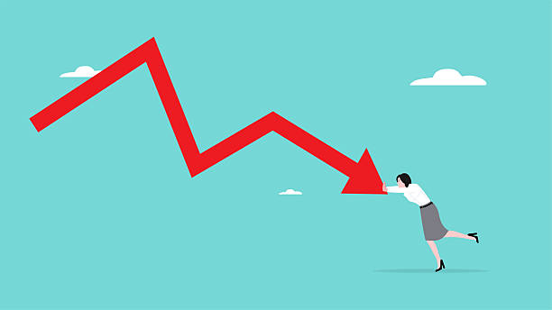 istock bankruptcy, business failure or investment risk, inflated loan payments or mortgage problem, business woman try so hard to encourage and prevent the business financial graph from declining 2219609940