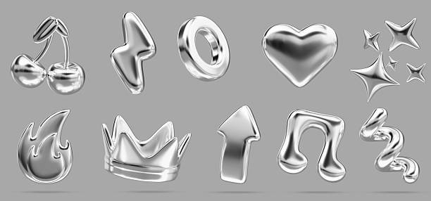 istock 3d chrome y2k metal elements set. Silver glitter crown, cherry, music note, heart, fire, stars, lightning, arrow, spiral line and ring of steel or platinum, isolated abstract shapes 2219610041