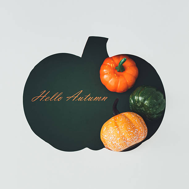 istock Creative flat lay of decorative pumpkins with text Hello Autumn visible through a pumpkin shaped gap. Cozy seasonal concept for fall backgrounds, Thanksgiving themes and harvest celebrations. 2219612432