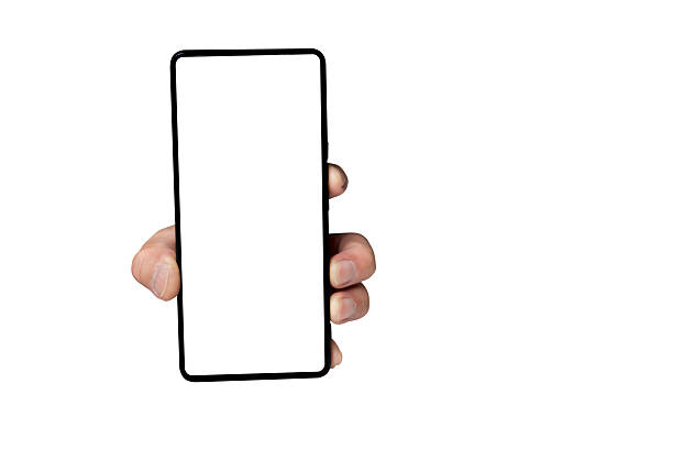 istock Hand holding smartphone with blank white screen isolated on white background for app mockup or UI design 2219615839