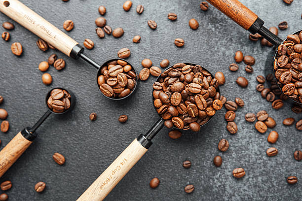istock Three measuring spoons filled with coffee beans flat lay 2219616257
