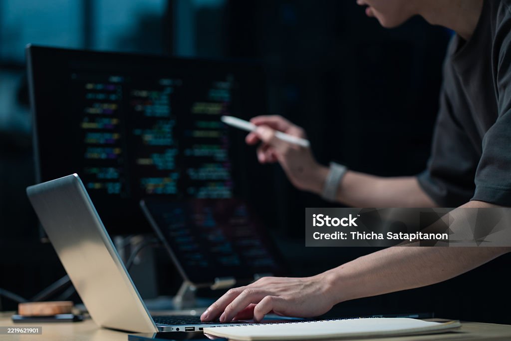 Hacking M Hacking And Malware Concept Hacker Using Abstract Laptop With Binary ...