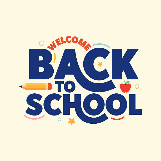 stockillustraties, clipart, cartoons en iconen met welcome back to school banner design with students school elements vector illustration. back to school poster, template, greeting card. kids school lettering cartoon text with pencil, apple and stars. - welkom bord