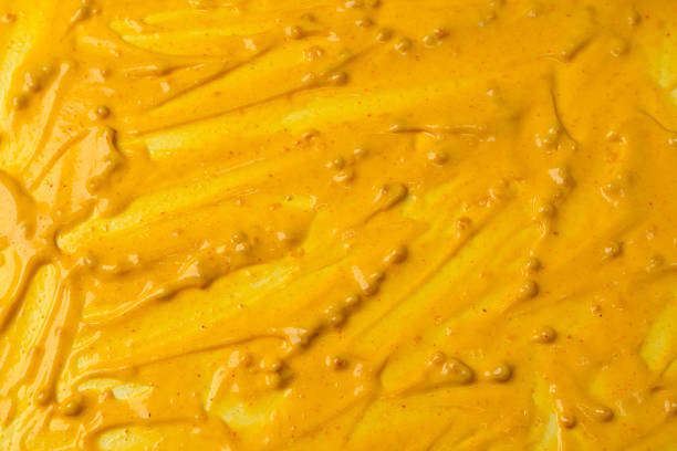 Yellow sauce splashes as a background. Top view.