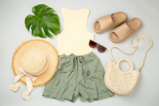 istock Flat lay with casual summer outfit on color background, top view 2219629304