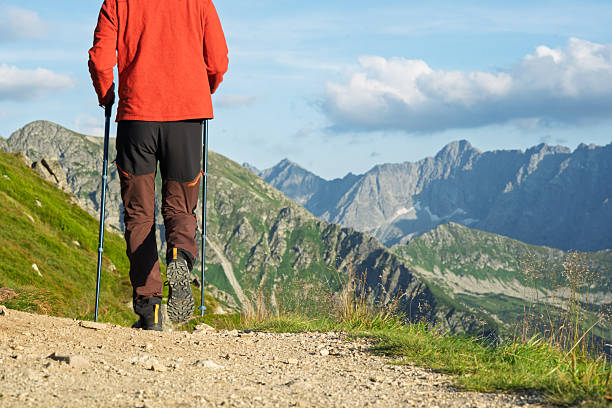 man  hiking in mountains. Full-body rear view of a hiker in a red jacket walking with trekking poles on a mountain trail. Scenic alpine landscape, summer adventure, outdoor exploration.