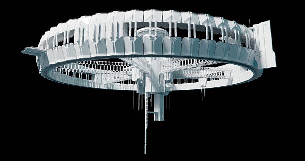 This 3D render presents a sci-fi orbital colony with intricate details and a large circular framework. The design evokes visions of future space exploration and human expansion into the cosmos.