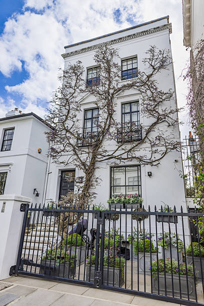 istock Elegant White London Townhouse with Wrought Iron Gate and Leafless Climbing Tree 2219633549
