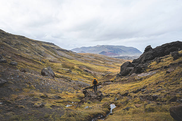 istock Lone hiker with backpack explores Iceland surreal volcanic highlands, where golden moss meets black lava rock under moody skiesâpure wilderness, untouched and epic 2219635117