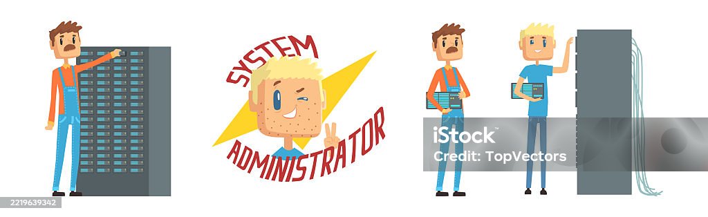 Funny Male Sysadmin Character Work With Server Vector Set Stock ...