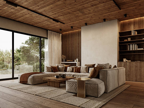 istock Contemporary loft interior with sofa, carpet, wood wall panels and ceiling, coffee table, pillows and decor. 3d render illustration mockup. 2219641581