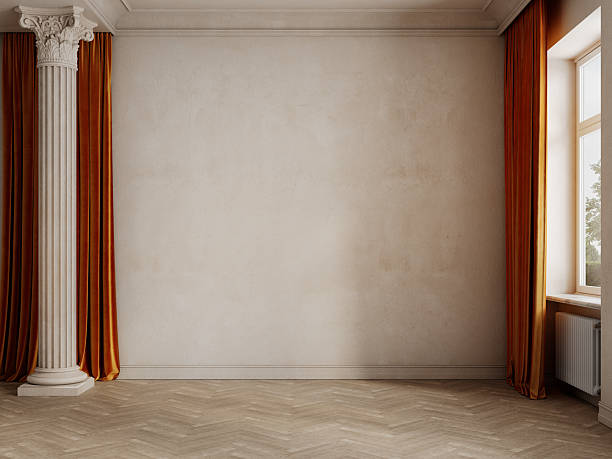 Classic beige interior with column, orange curtains, parquet floor and blank wall. 3d render illustration mockup.