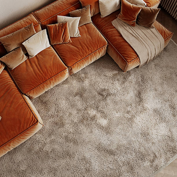 istock Classic interior with orange sofa, pillows and fur carpet. Top view. 3d render illustration mockup. 2219641679