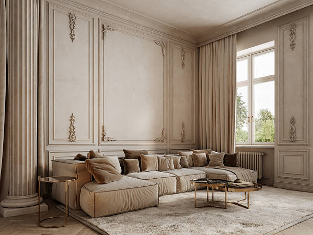 istock Classic beige interior with sofa, pillows, moldings, column, fur carpet, coffee table and wood floor, 3d render illustration mockup. 2219641725