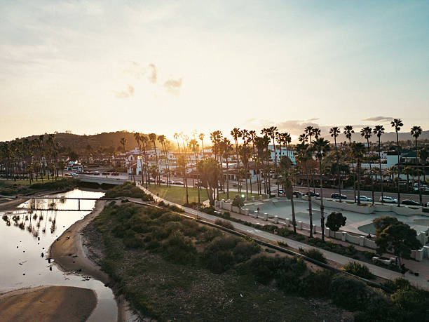 Santa Barbara aerial view by the coastline at sunset.