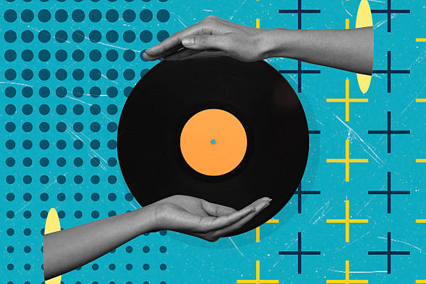 istock Art collage, hands and vinyl record on blue background. 2219643771