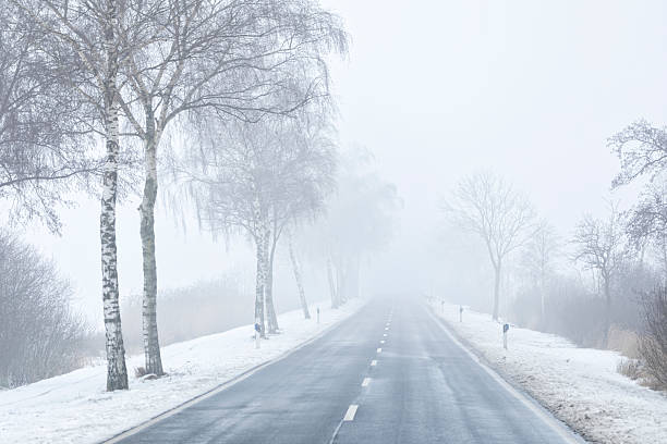 istock Rural road in winter, vanishing in mist 2219644907