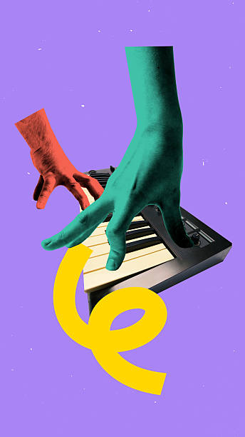 istock Surreal art collage. Boldly colored hands press keyboard keys against violet background with yellow curves dancing around central rhythm. Futuristic style 2219648090