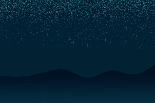 Minimalist vector landscape featuring a starry night sky with glowing particles above dark wavy hills. A calm and dreamy scene perfect for background designs, nature themes, or fantasy illustrations.