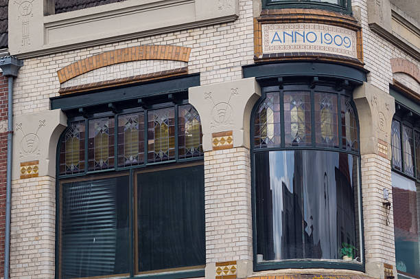 istock Art nouveau building facade featuring stained glass windows and decorative elements from 1909 2219653683