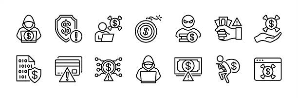 illustrations, cliparts, dessins animés et icônes de imposte d’icônes de ligne fine de fraude. comprend le hacking, le phishing de données numériques, le voleur d’argent, l’arnaque, le risque dans le cyberespace, l’alerte de sécurité financière, les avertissements, la criminalité, le vol, la c - corruption en entreprise