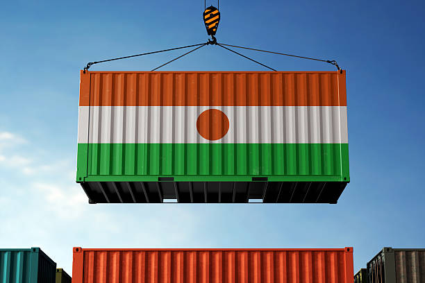 istock Niger trade cargo container hanging against clouds background 2219658506